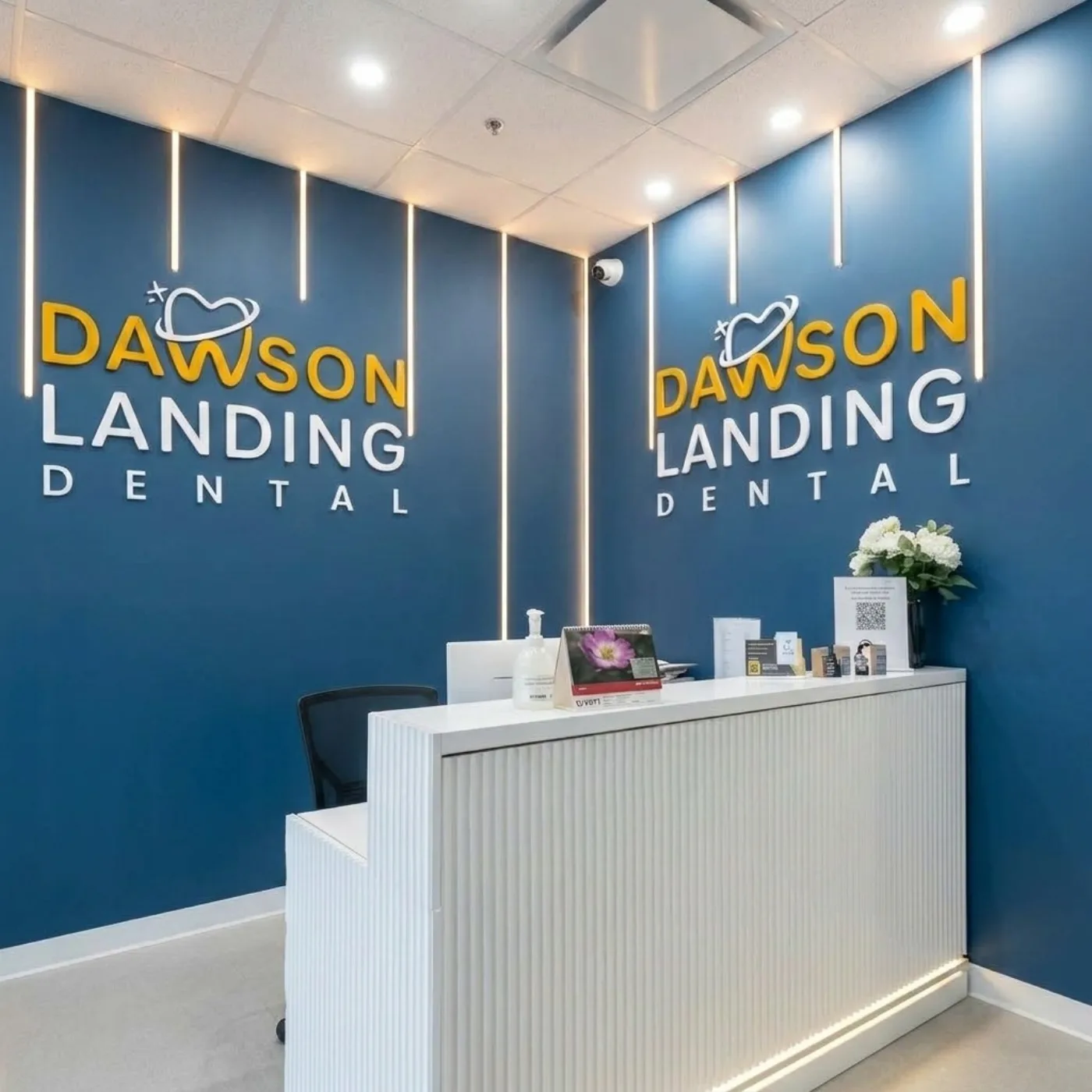 The welcome desk and reception at Dawson Landing Dental in Chestermere